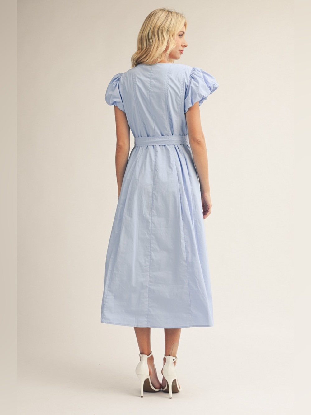 #293 Light Blue Button-Front Midi Dress with Tie Waist - Picture 4 of 4